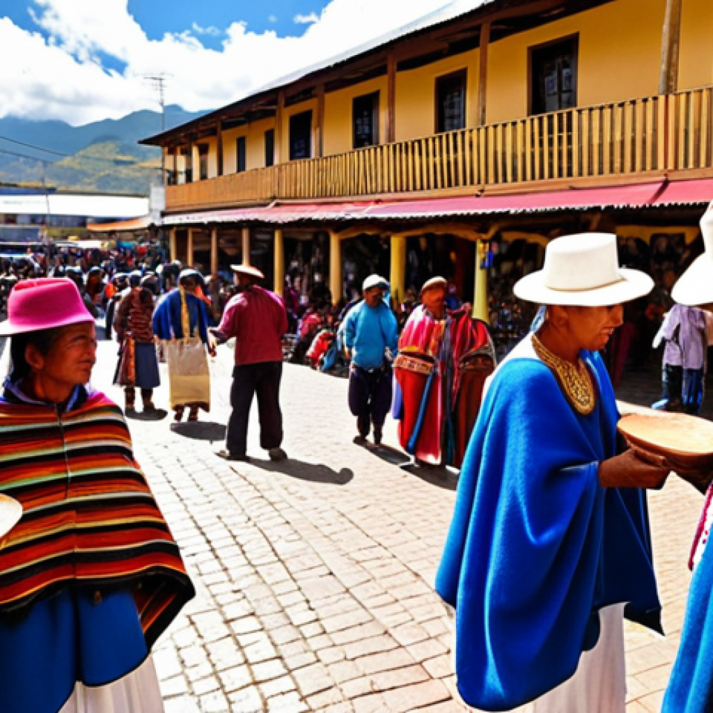 **Vibrant Otavalo Market:** A bustling, sensory-rich scene at the Otavalo Poncho Plaza market in Ecuador. The foreground is dominated by an explosion of colorful, intricately hand-woven alpaca textiles and traditional handicrafts like small hand-painted figurines. In the background, indigenous Otavaleño artisans in their distinctive blue ponchos and white trousers are engaging with visitors. The atmosphere is lively, filled with warm sunlight, and conveys a deep sense of cultural heritage. Detailed, ethnographic photography.