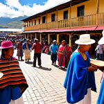 **Vibrant Otavalo Market:** A bustling, sensory-rich scene at the Otavalo Poncho Plaza market in Ecuador. The foreground is dominated by an explosion of colorful, intricately hand-woven alpaca textiles and traditional handicrafts like small hand-painted figurines. In the background, indigenous Otavaleño artisans in their distinctive blue ponchos and white trousers are engaging with visitors. The atmosphere is lively, filled with warm sunlight, and conveys a deep sense of cultural heritage. Detailed, ethnographic photography.