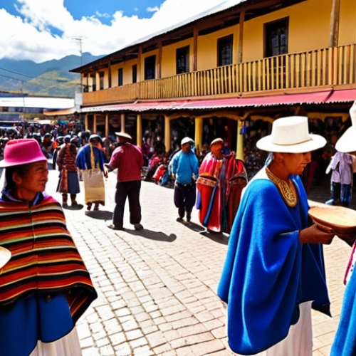 Home 15 **Vibrant Otavalo Market:** A bustling, sensory-rich scene at the Otavalo Poncho Plaza market in Ecuador. The foreground is dominated by an explosion of colorful, intricately hand-woven alpaca textiles and traditional handicrafts like small hand-painted figurines. In the background, indigenous Otavaleño artisans in their distinctive blue ponchos and white trousers are engaging with visitors. The atmosphere is lively, filled with warm sunlight, and conveys a deep sense of cultural heritage. Detailed, ethnographic photography.