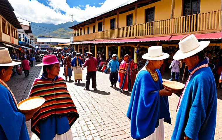 **Vibrant Otavalo Market:** A bustling, sensory-rich scene at the Otavalo Poncho Plaza market in Ecuador. The foreground is dominated by an explosion of colorful, intricately hand-woven alpaca textiles and traditional handicrafts like small hand-painted figurines. In the background, indigenous Otavaleño artisans in their distinctive blue ponchos and white trousers are engaging with visitors. The atmosphere is lively, filled with warm sunlight, and conveys a deep sense of cultural heritage. Detailed, ethnographic photography.